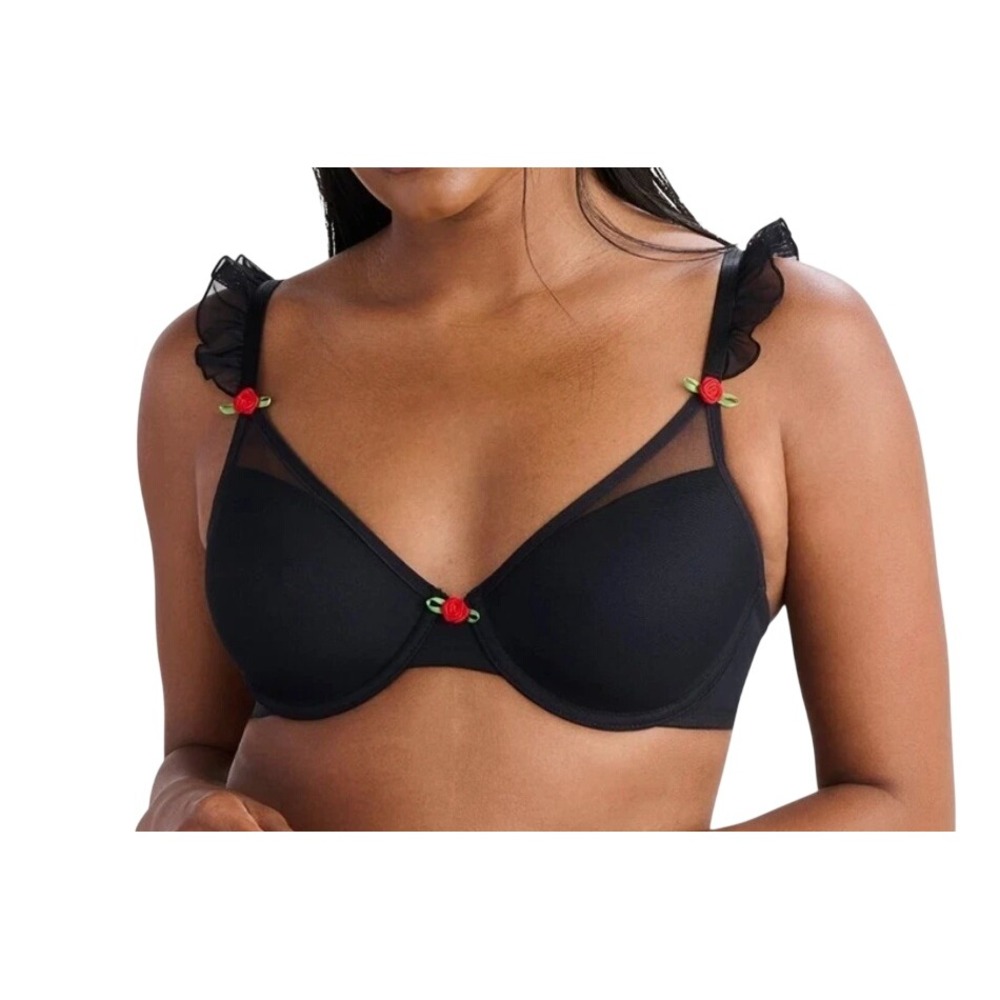 Parade T-Shirt Bra Womens Black Padded Cup Silky Mesh Ruffle Rose Small